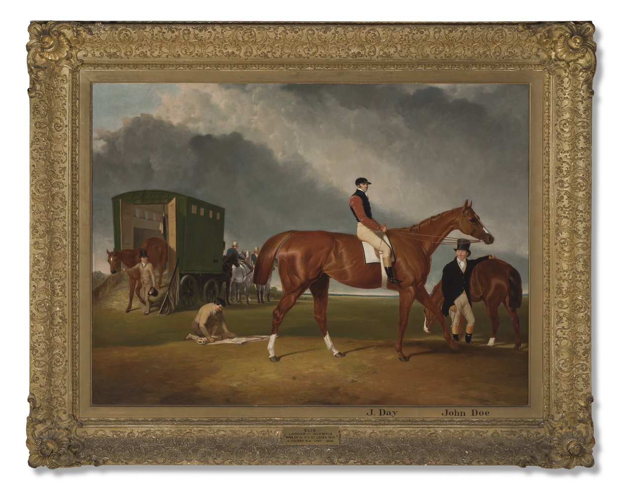 Lord George Bentincks Horse Elisin muotokuva ratsastajan John Dayn ja valmentajan John Doen kanssa, Doncaster, 1836 tekijältä Abraham Cooper
