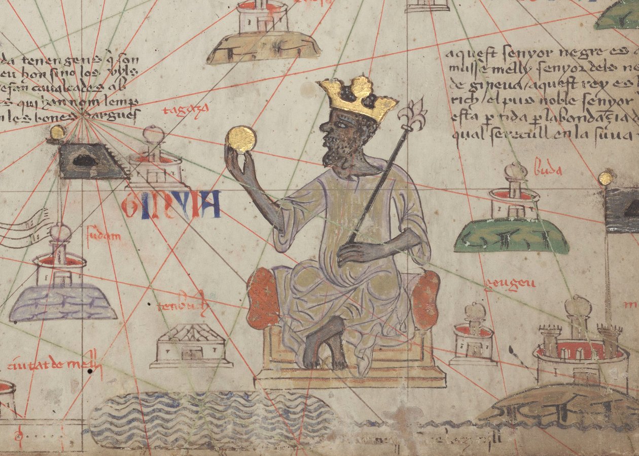 Yksityiskohta Katalonian atlasesta, arkki 6, jossa näkyy Mansa Musa valtaistuimelle, 1375 tekijältä Abraham Cresques