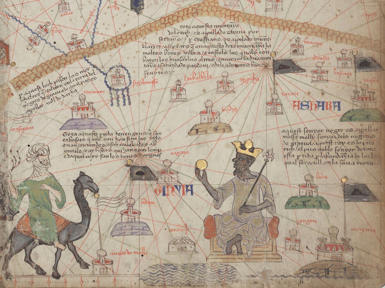 Yksityiskohta Katalonian atlasesta, arkista 6, jossa näkyy Länsi-Sahara ja Mansa Musa, 1375 tekijältä Abraham Cresques