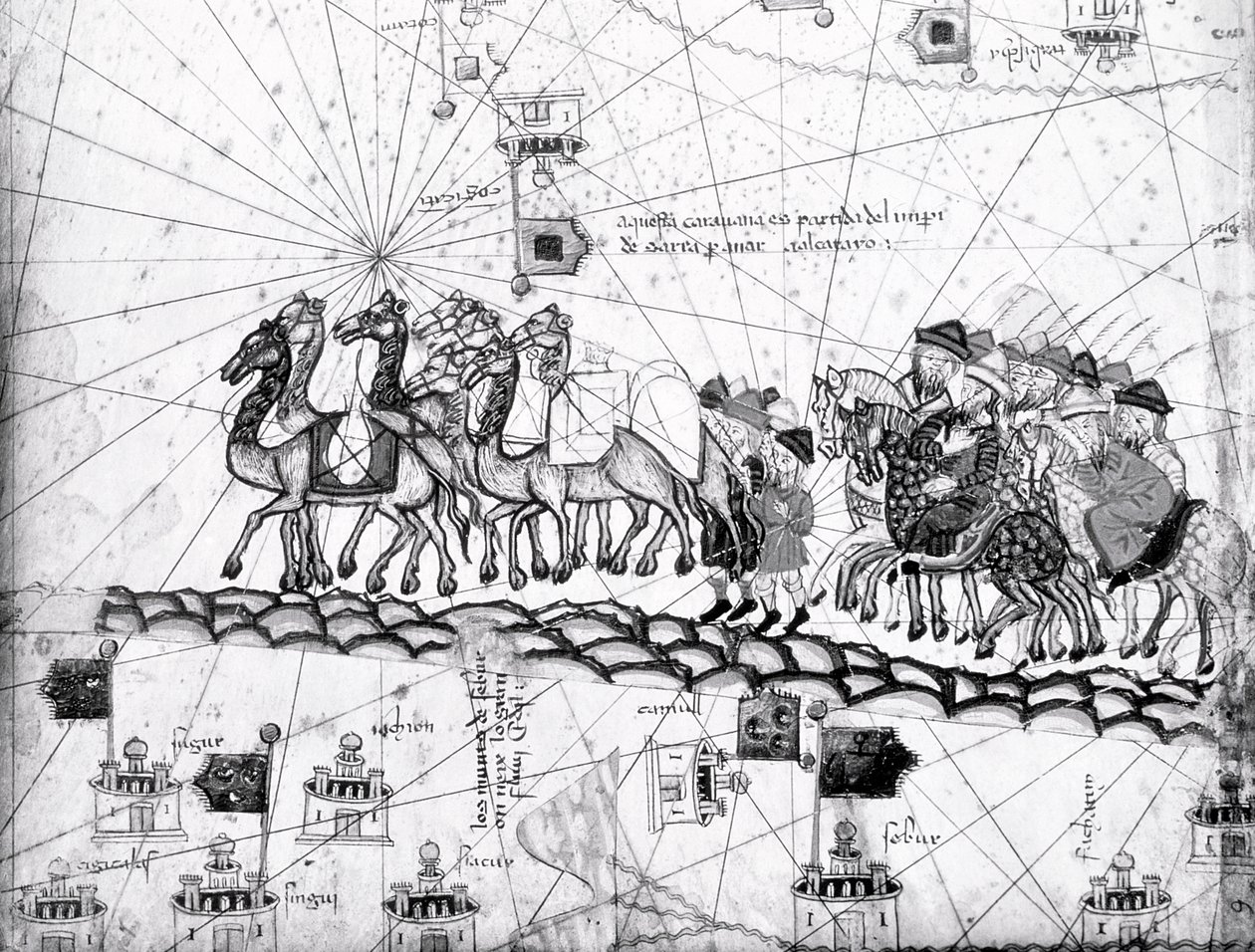 Ms Esp 20 paneeli 4, Kauppiaat matkustavat Cathayyn Kiinaan Marco Polosin jalanjäljissä, yksityiskohta Marco Polon perheen matkustamisesta kamelin karavaanilla, Charlille julkaistusta Katalonian Atlasista tekijältä Abraham Cresques
