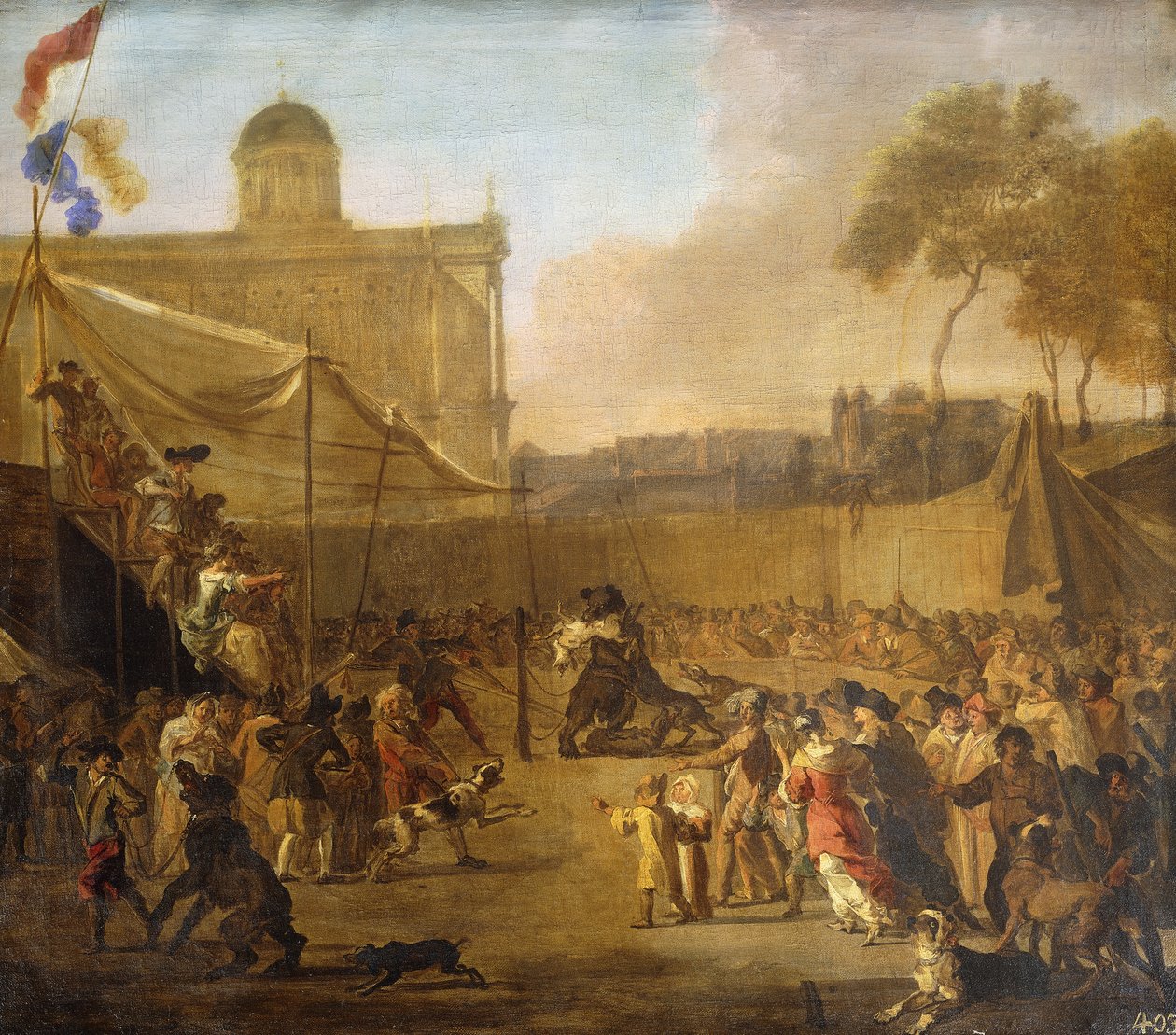 Väkijoukko katselee karhun syöttiä kaupunginaukiolla, tekijältä Abraham Danielsz. Hondius