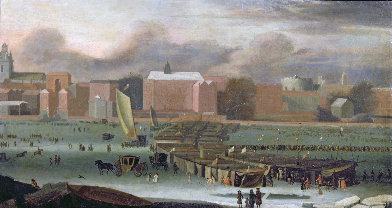 Frost Fair Thamesilla Temple Stairsissa, n. 1684 tekijältä Abraham Danielsz. Hondius