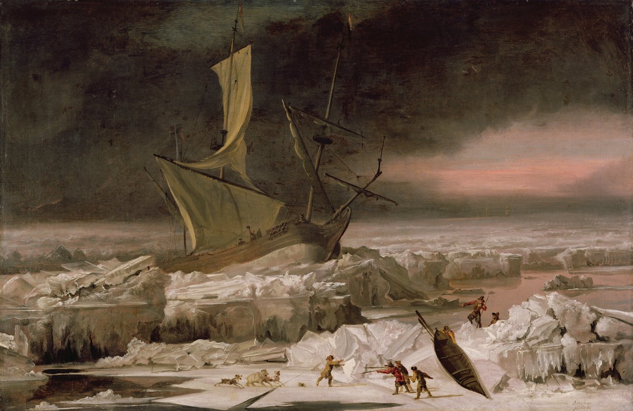 Arktinen seikkailu eli laiva hädässä Grönlannin edustalla, n. 1677 tekijältä Abraham Danielsz. Hondius