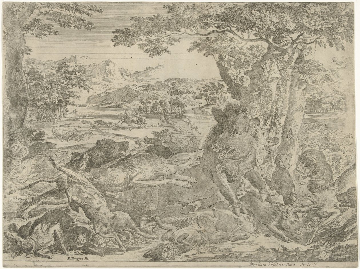 Koirien hyökkäämä villisika tekijältä Abraham Danielsz. Hondius
