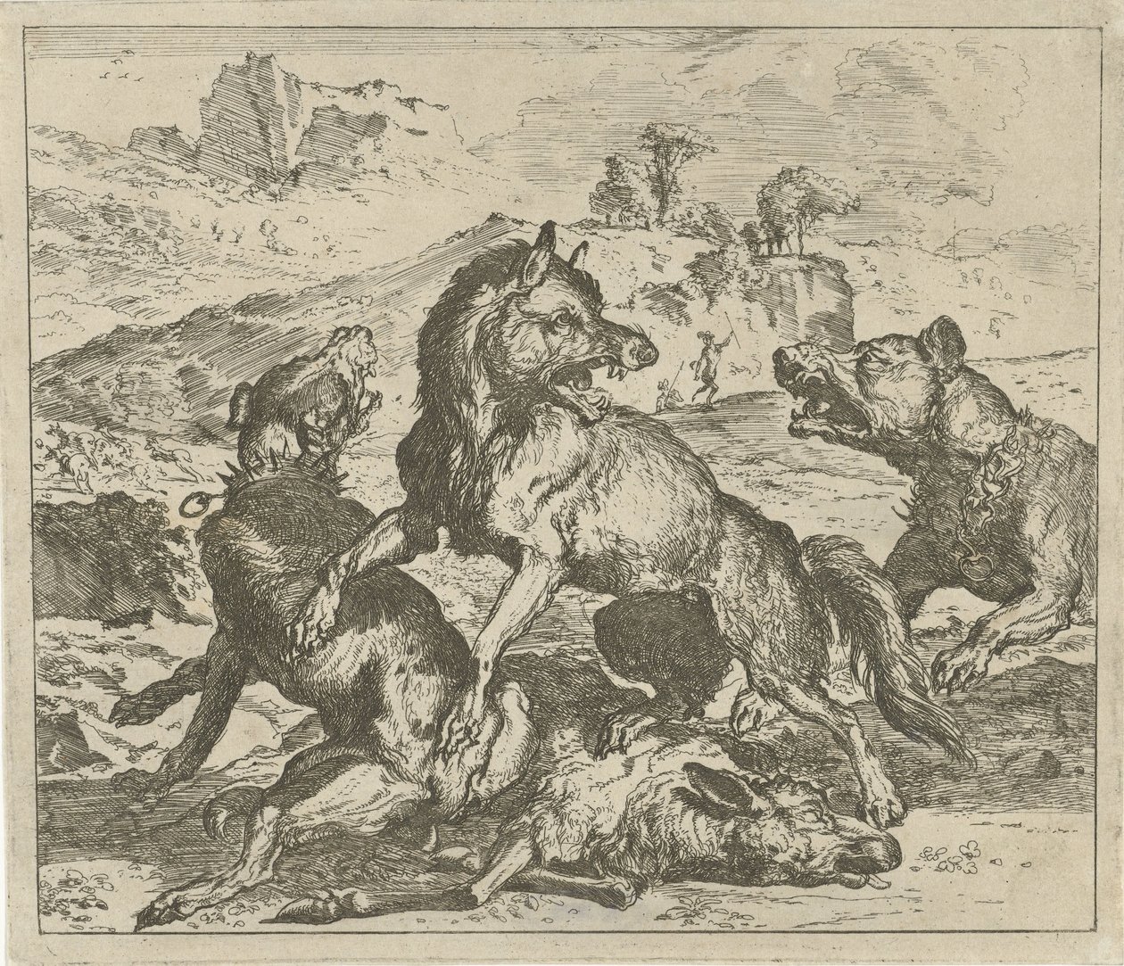 Koirien kimppuun hyökkäsi susi Eri eläimet (sarjan nimi) tekijältä Abraham Danielsz. Hondius