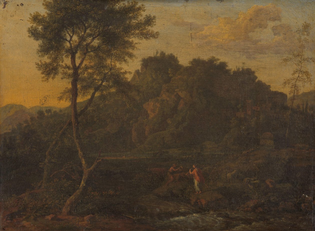 Nymfi ja paimen tekevät musiikkia maisemassa tekijältä Abraham Genoels (attributed to)