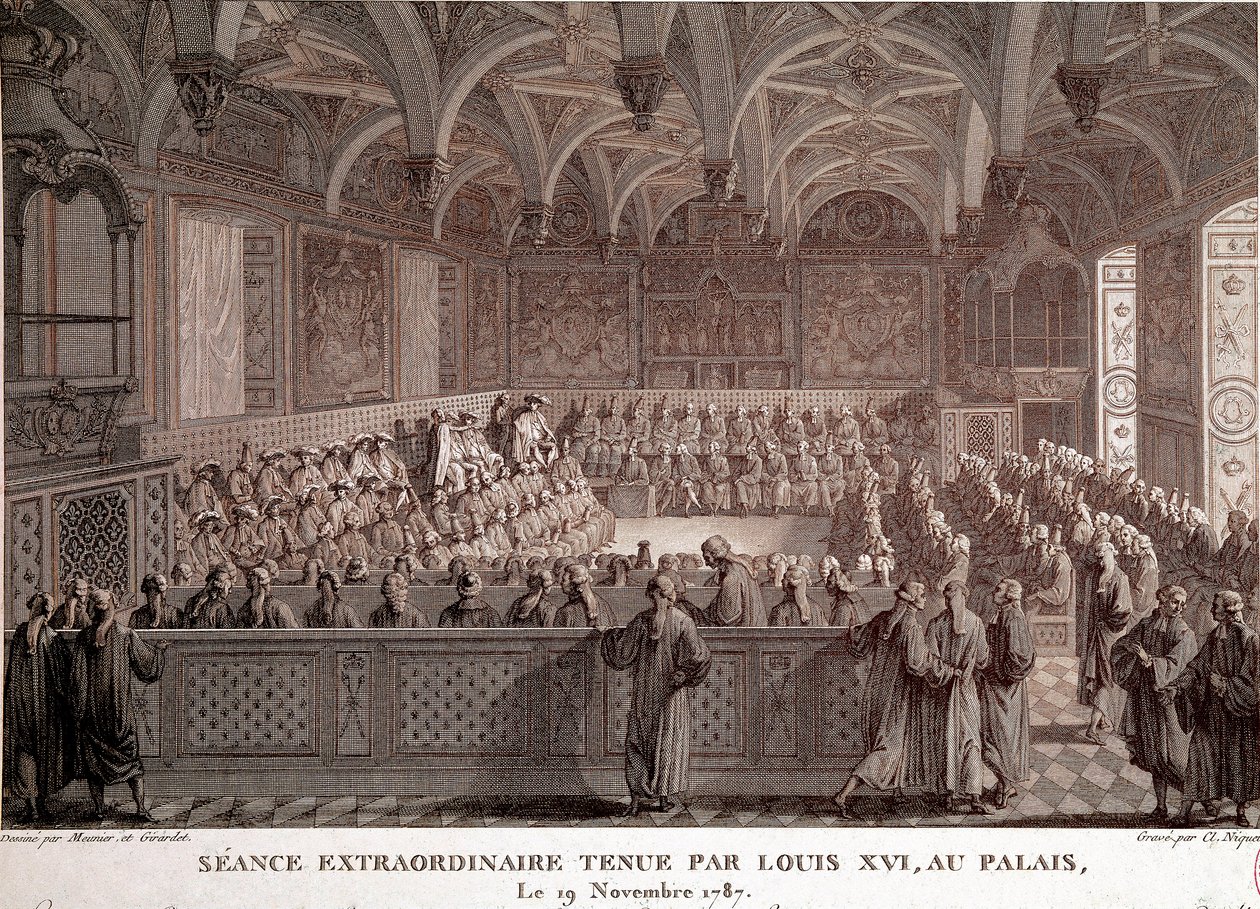 Ranskan vallankumouksen ensimmäinen: Ludvig XVI:n (1754-1793) ylimääräinen istunto Versaillesin palatsissa 19. marraskuuta tekijältä Abraham Girardet