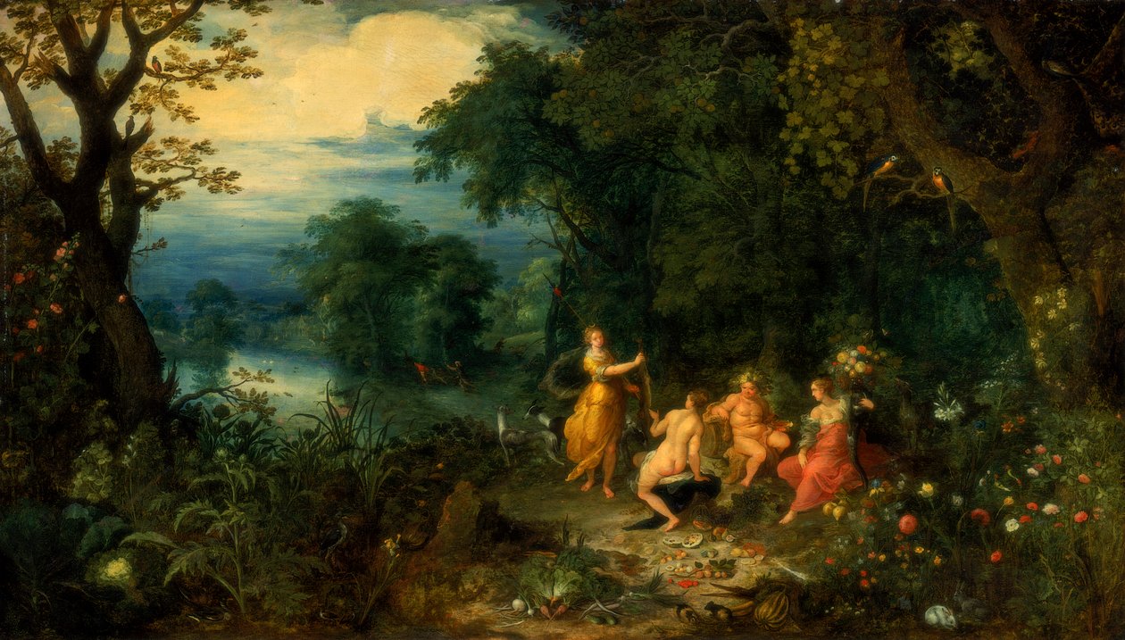 Puinen maisema, Diana tarjoaa jäniksen nymfille, Silenus ja Ceres etualalla, c1614 tekijältä Abraham Govaerts