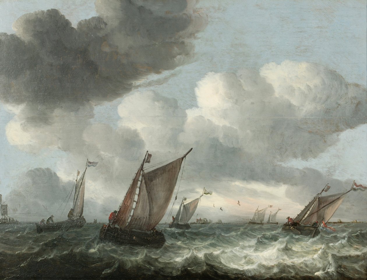 Kalastusveneet rannikolla aaltoilevalla merellä (öljy paneelissa) tekijältä Abraham Hendricksz van Beyeren
