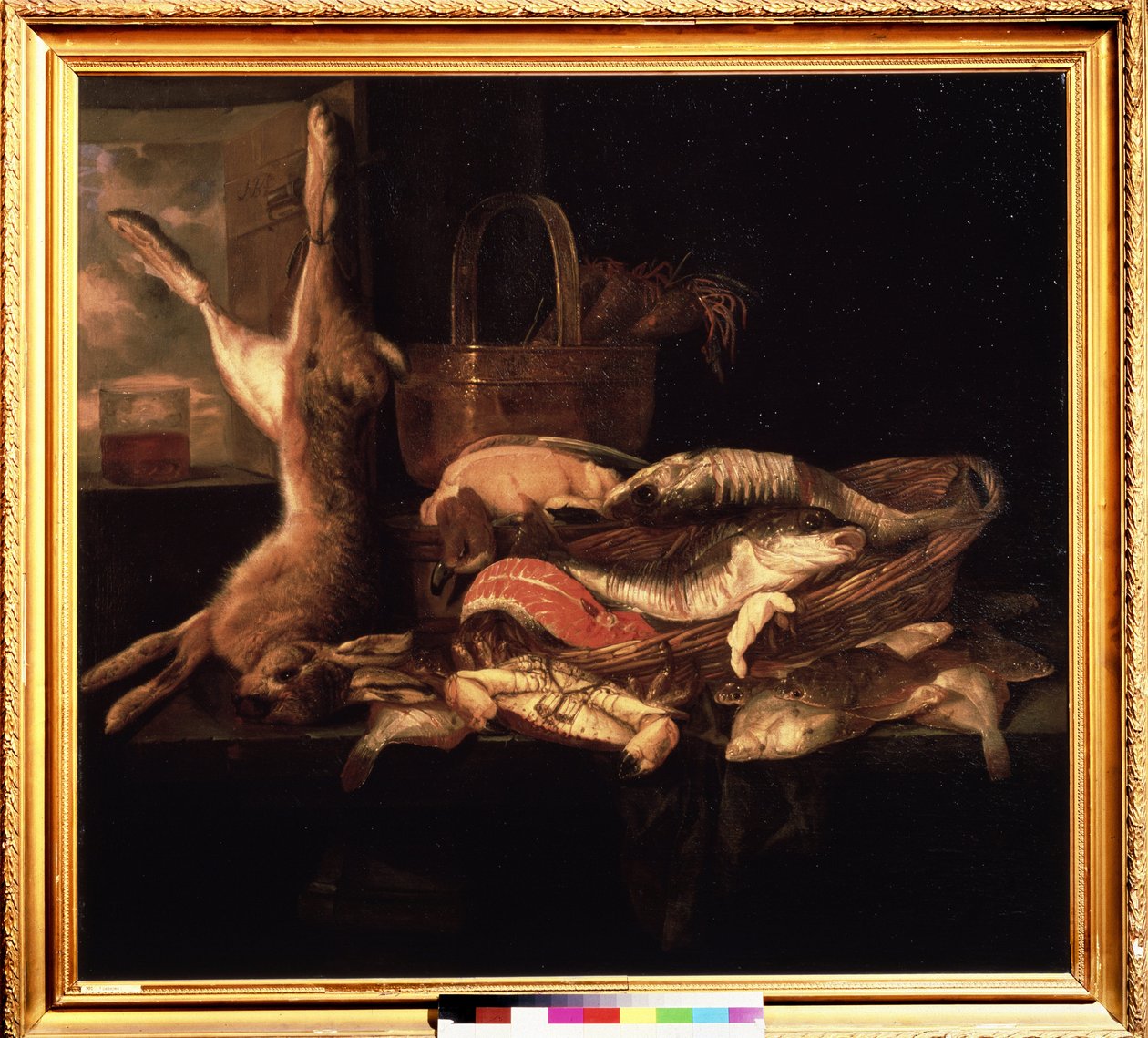 "Asetelma kalojen ja kuolleen jänisen kanssa" Abraham Hendricksz van Beyerenin (1620/21-1690) maalaus (ec. holl.) 1600-luvun Pushkin-museo, Moskova tekijältä Abraham Hendricksz van Beyeren
