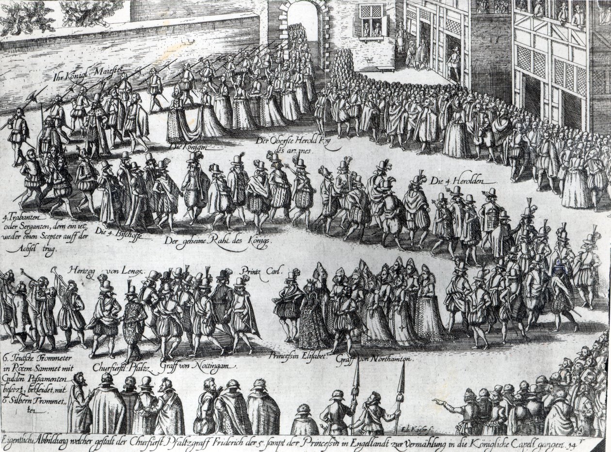 Kulkue Frederick V:n, vaaliruhtinas Palatinuksen ja prinsessa Elisabetin häihin, n. 1613 tekijältä Abraham Hogenberg