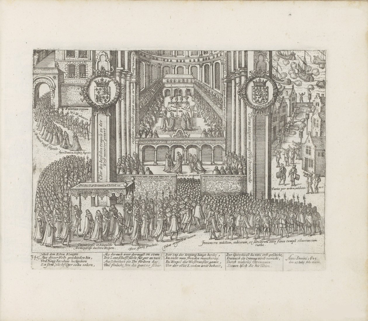 Näkymä Westminster Abbeyn ulkopuolelta James I:n kruunauksen aikana, 1603-1604. tekijältä Abraham Hogenberg