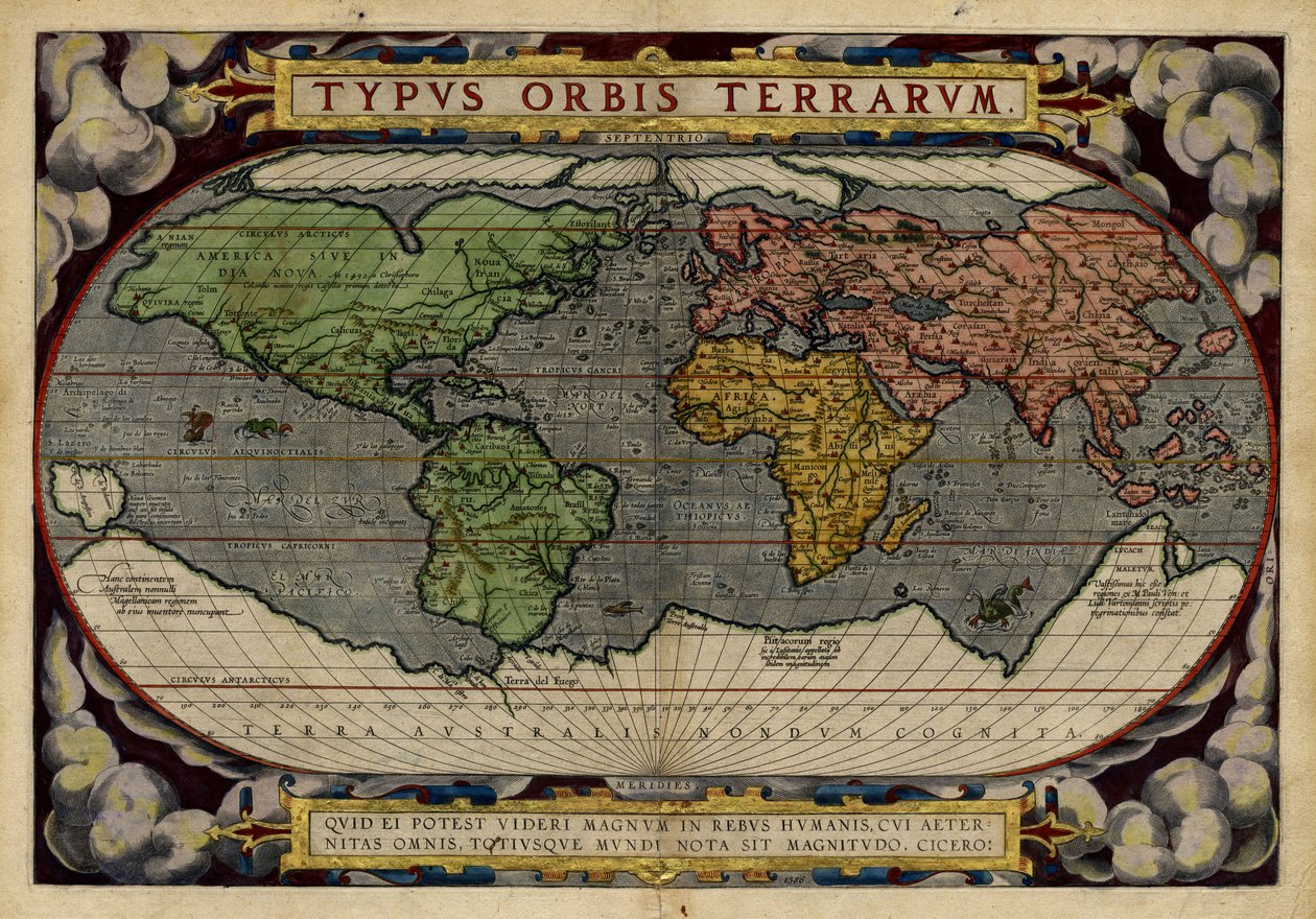 Typus Orbis Terrarum (maailmankartta) tekijältä Abraham & Hogenberg Frans & Kremer Gerard (16th century) Ortelius