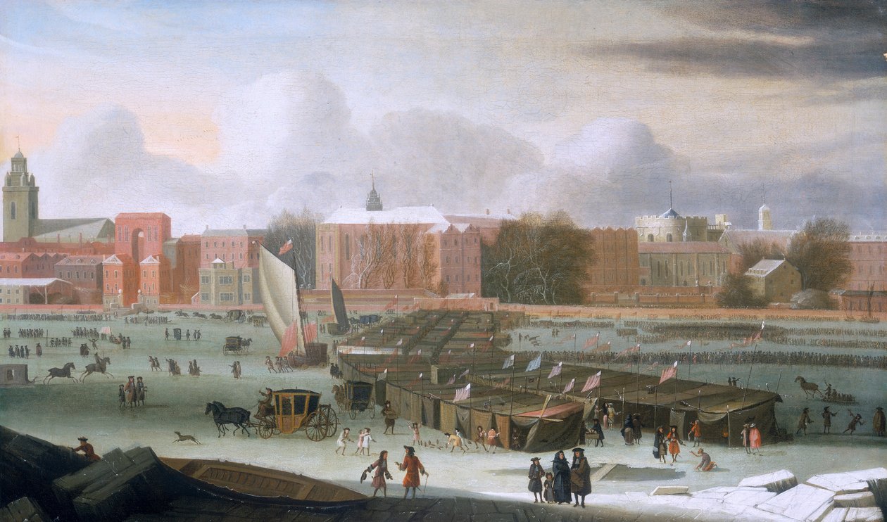 "Una fira de gelades al Tàmesi a les escales del temple", c1684. finlandès tekijältä Abraham Hondius
