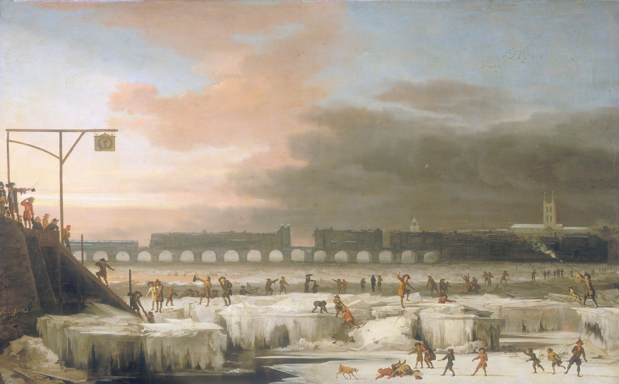 The Frozen Thames, 1677 tekijältä Abraham Hondius