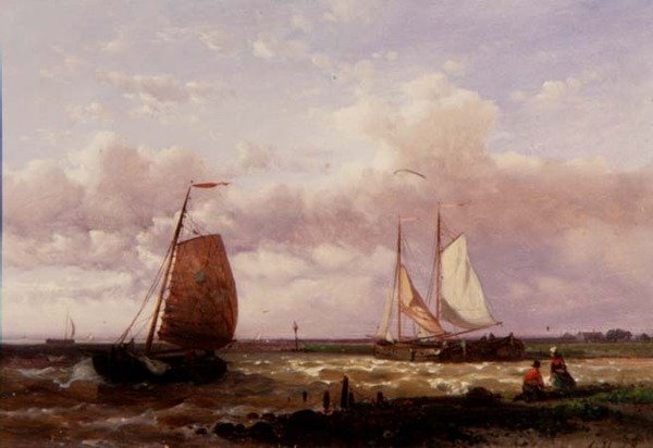 Isang Coastal Scene na may mga Bangka sa Pangingisda (langis sa panel)finn tekijältä Abraham Hulk