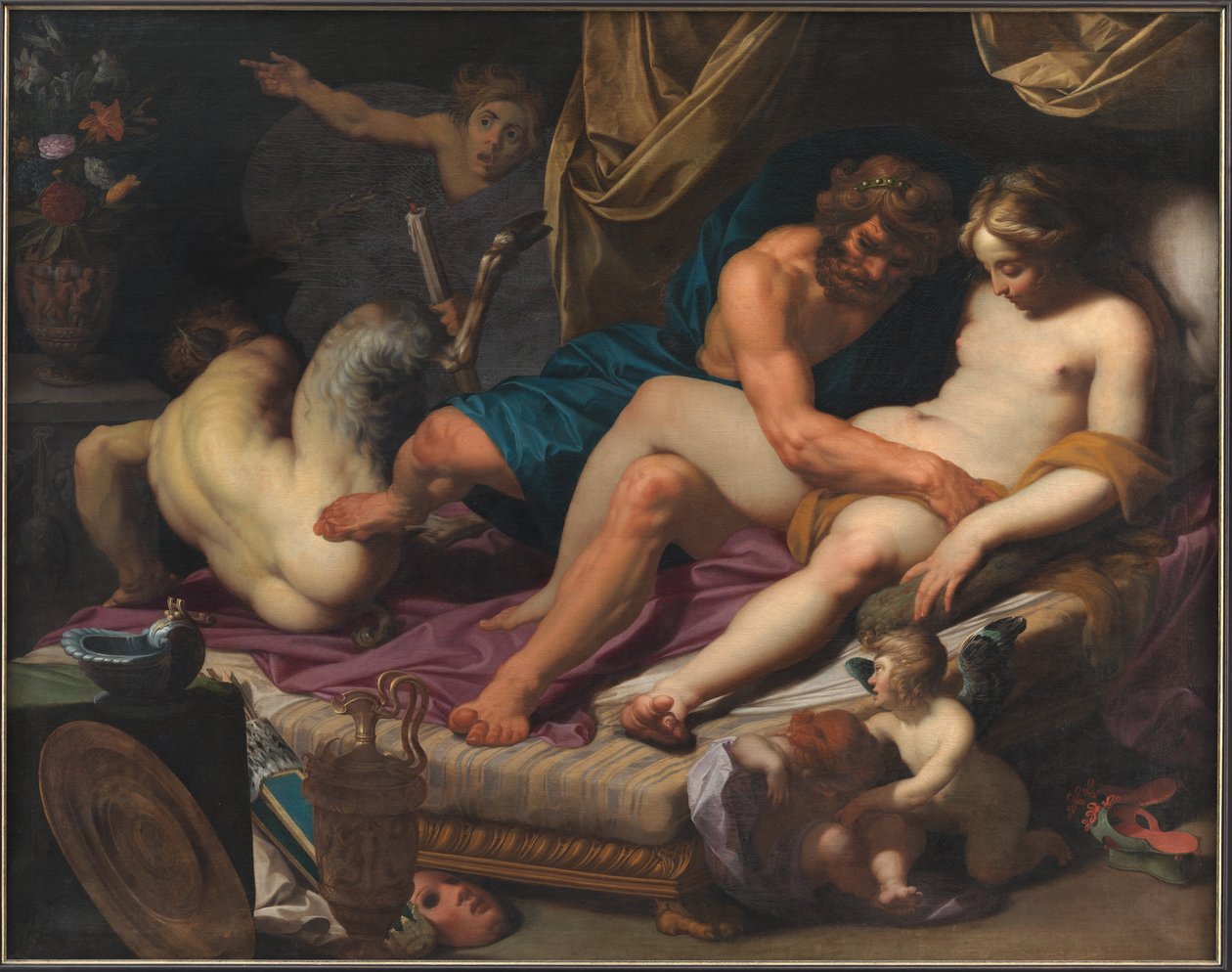 Hercules potkaisee Faunuksen ulos Omfalen sängystä tekijältä Abraham I Janssens