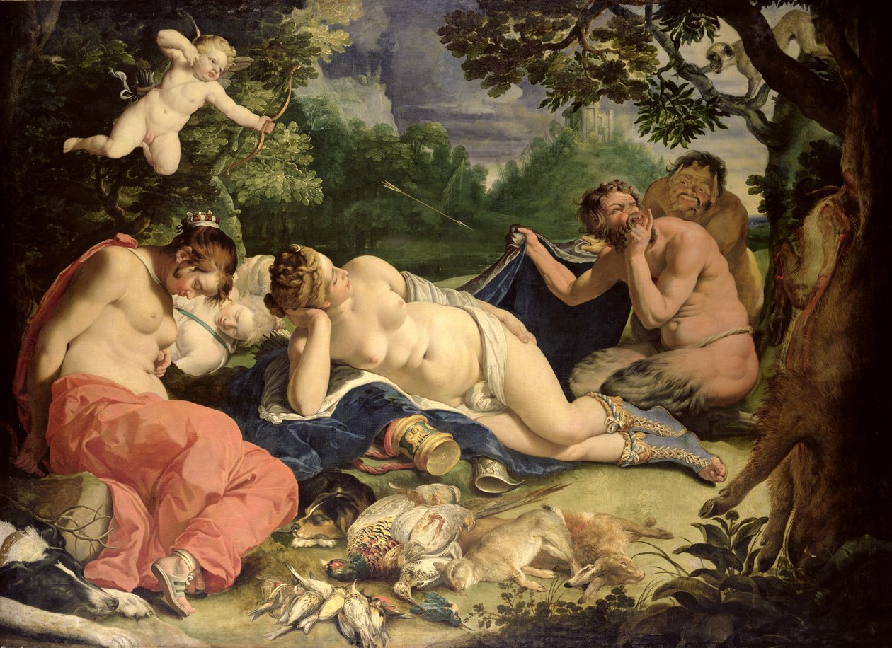 Diana ja nymfit nukkumassa, Satyyrien vierailulla, 1620 tekijältä Abraham Janssens van Nuyssen