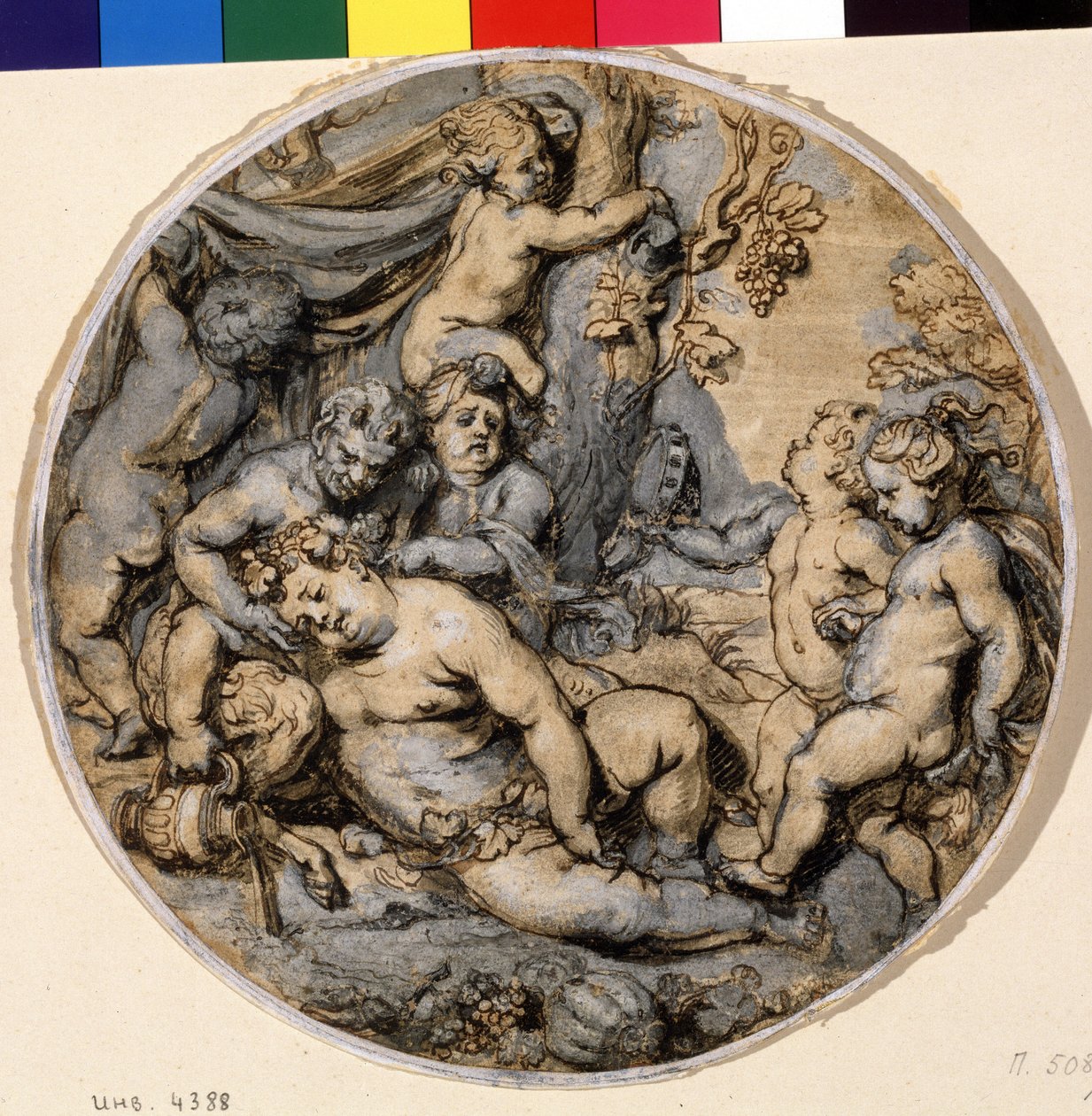 ""Bacchus endormi"" (Sleeping Bacchus) Häntä ympäröi putti, satyyri, Abraham Jansz van Diepenbeeckin (1596-1675) mustepiirustus 1600-luvun Pushkin-museo, Moskova tekijältä Abraham Jansz. van Diepenbeeck