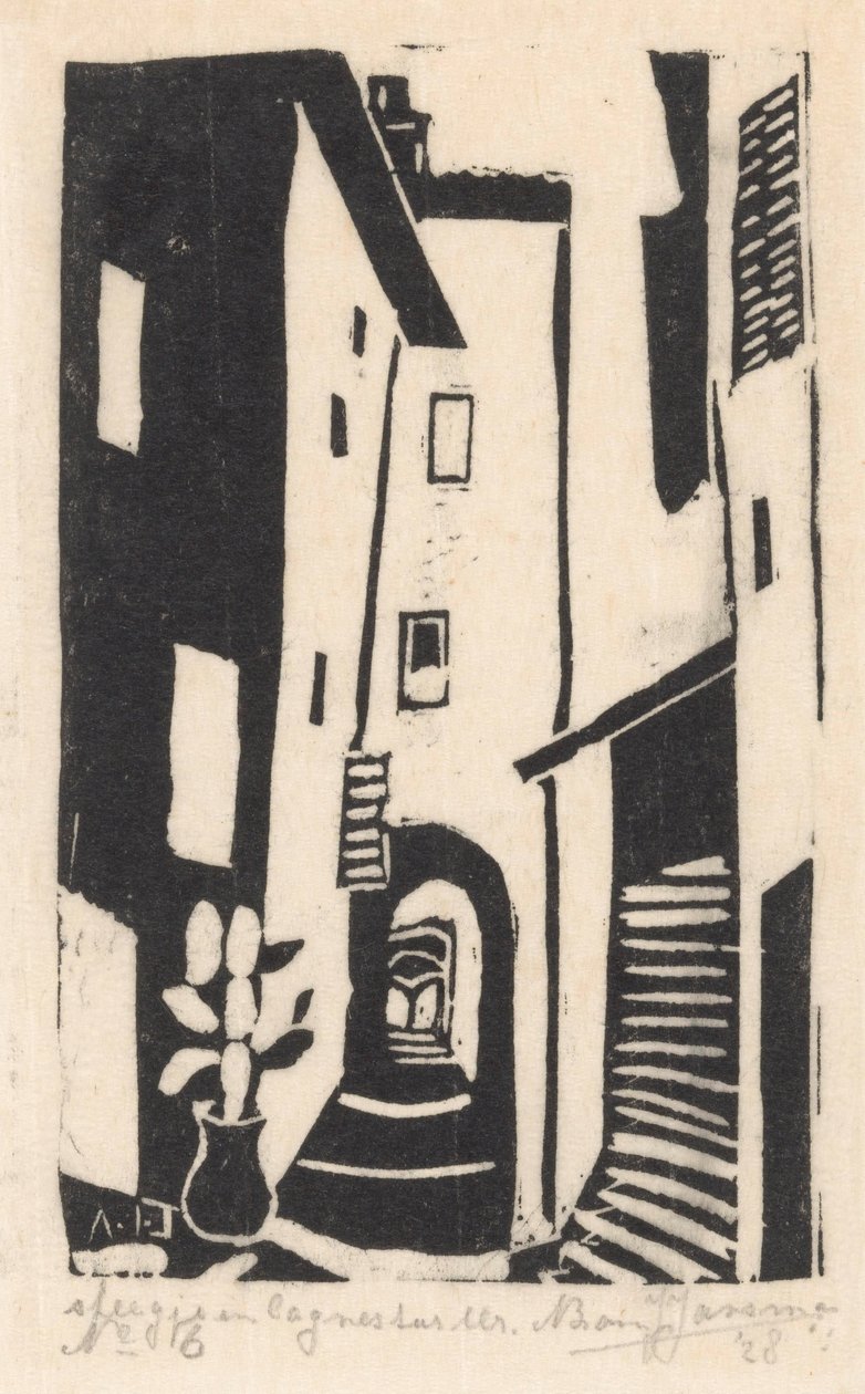 Katunäkymä portailla Cagnes-sur-Merissä Cagnes-sur-Merin kuja (otsikko esineessä) tekijältä Abraham Johannes Jansma (signed by artist)