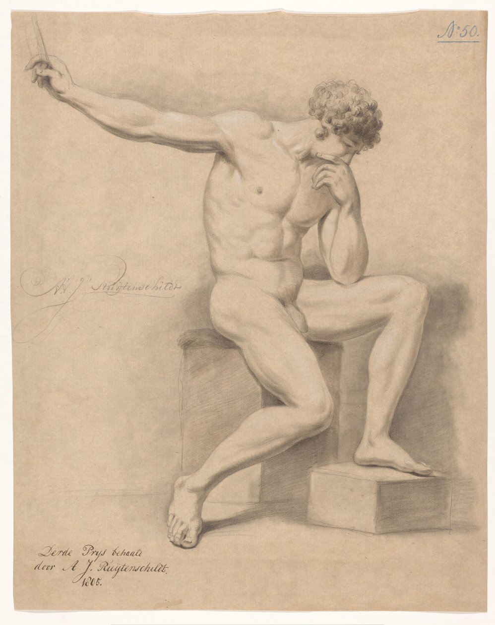 Istuva alaston mies, näkymä edestä (3. palkinto 1805) tekijältä Abraham Johannes Ruytenschildt