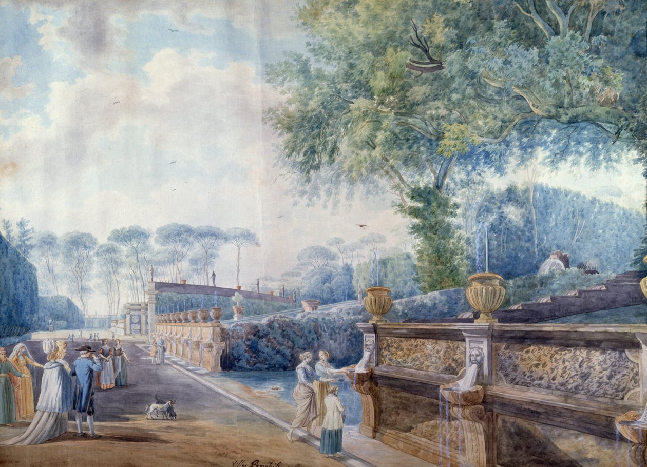Palazzo Doria Pamphiljin puutarhat, Rooma (kynä, muste ja akvarelli) tekijältä Abraham L. Rudolph (attr. to) Ducros