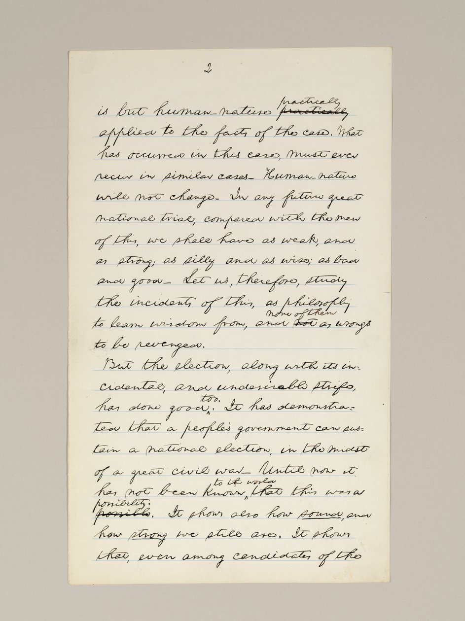 Nimikirjoituskäsikirjoitus Lincolnin vaalivoittopuheesta presidenttinä, joka pidettiin Washington DC:ssä Valkoisen talon ikkunasta iltana 10. marraskuuta tekijältä Abraham Lincoln