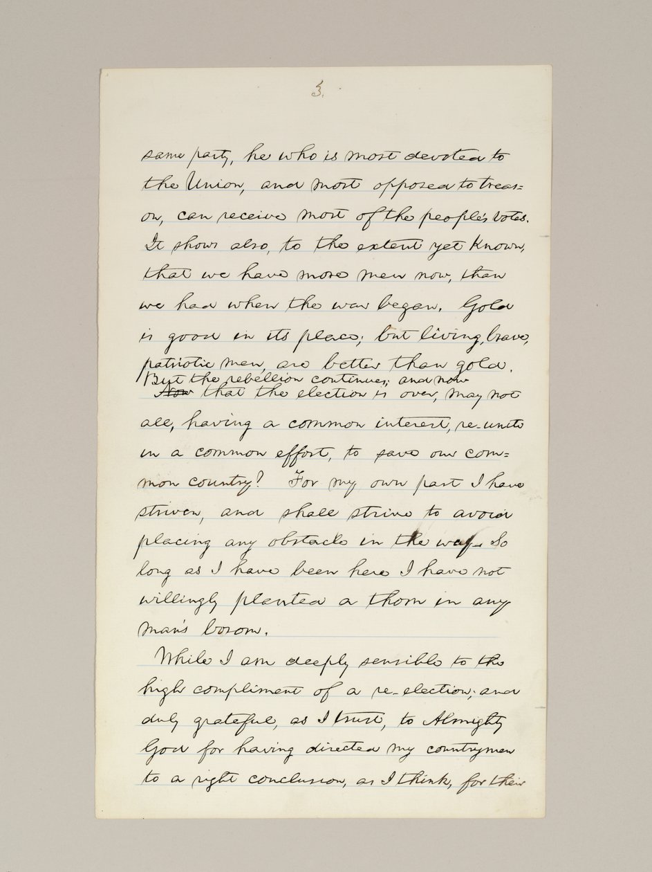 Nimikirjoituskäsikirjoitus Lincolnin vaalivoittopuheesta presidenttinä, joka pidettiin Washington DC:ssä Valkoisen talon ikkunasta iltana 10. marraskuuta tekijältä Abraham Lincoln