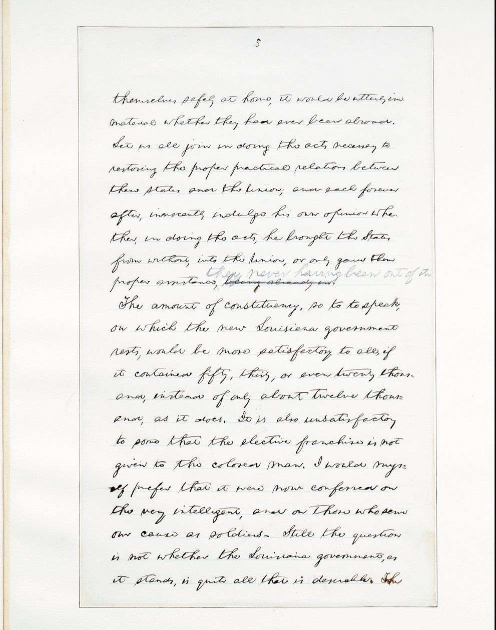 Nimikirjoituskäsikirjoitus Lincolnin viimeisestä puheesta presidenttinä, joka pidettiin Washintonissa, D. C.:ssa, Valkoisen talon ikkunasta iltana 11. huhtikuuta tekijältä Abraham Lincoln