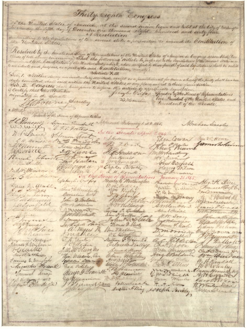 Kongressin kopio kolmastoista lisäystä koskevasta päätöslauselmasta, 1. helmikuuta 1865 (muste pergamentilla). tekijältä Abraham Lincoln