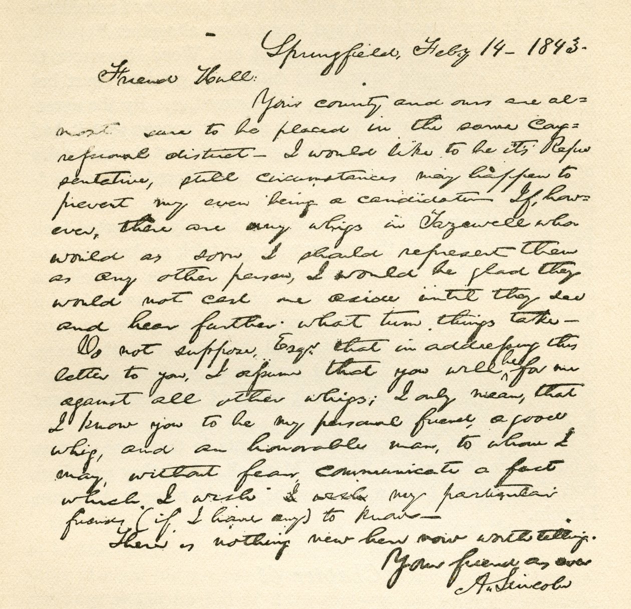 Abraham Lincolnin kirje Alden Hallille, päivätty 14. helmikuuta 1843 tekijältä Abraham Lincoln