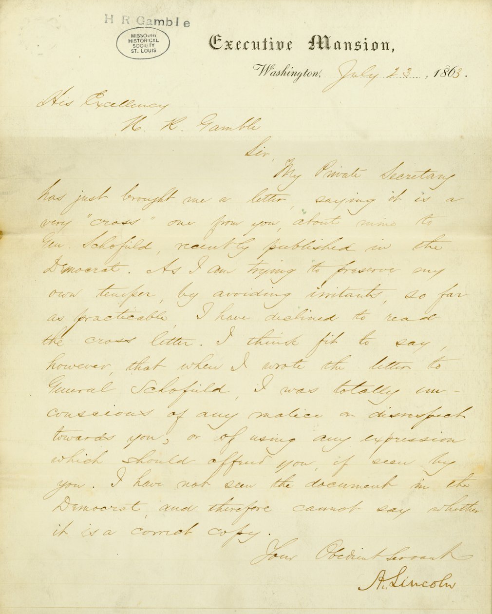 Kirje allekirjoittanut A.Lincoln, Executive Mansion, Washington, hänen ylhäisyydelleen, H.R. Gamble, 23. heinäkuuta 1863 tekijältä Abraham Lincoln