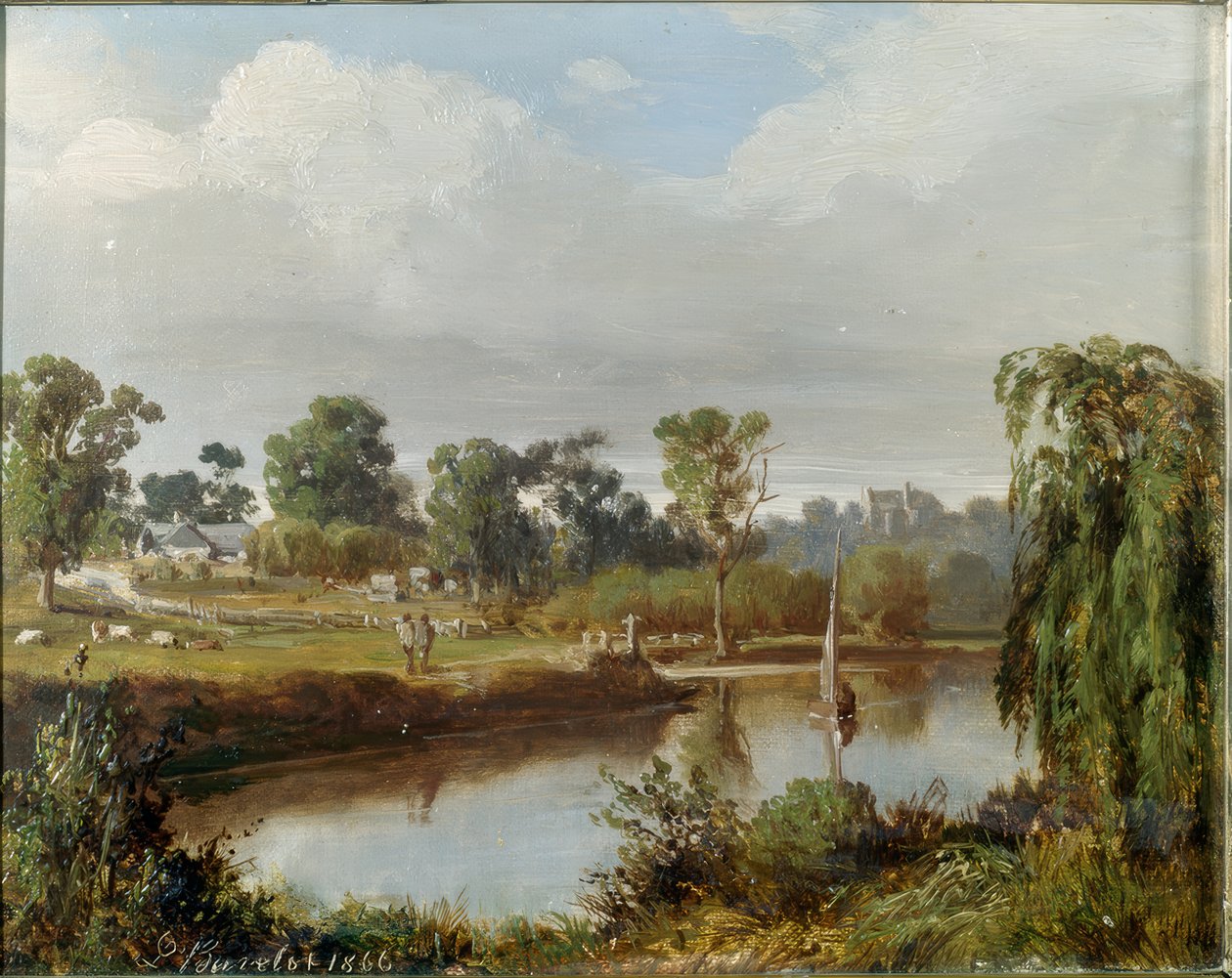 Joki ja purjevene (Australian maaseutu, Melbournen alue) tekijältä Abraham Louis Buvelot