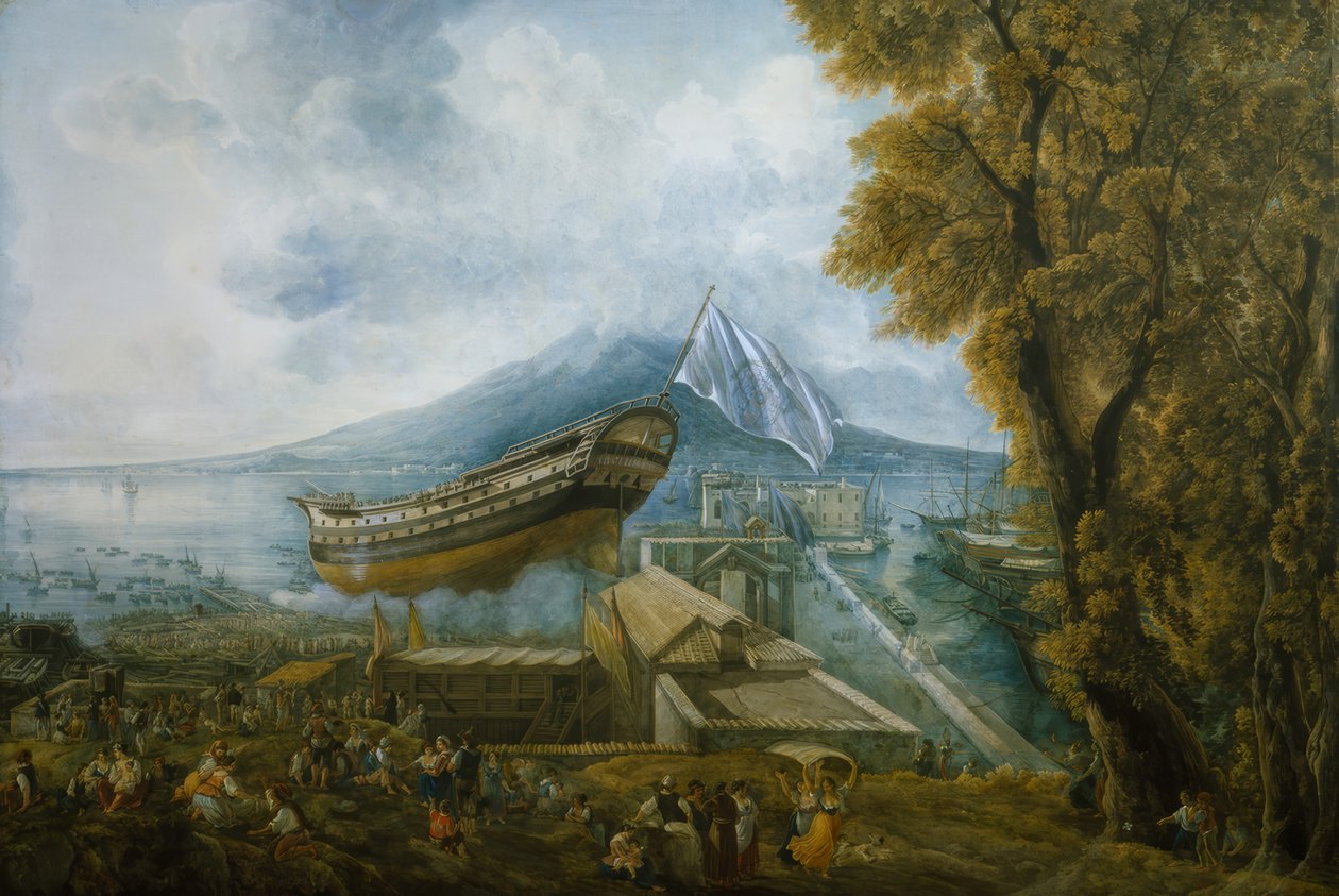 Archimede-aluksen vesillelaskeminen tekijältä Abraham Louis Rodolphe Ducros
