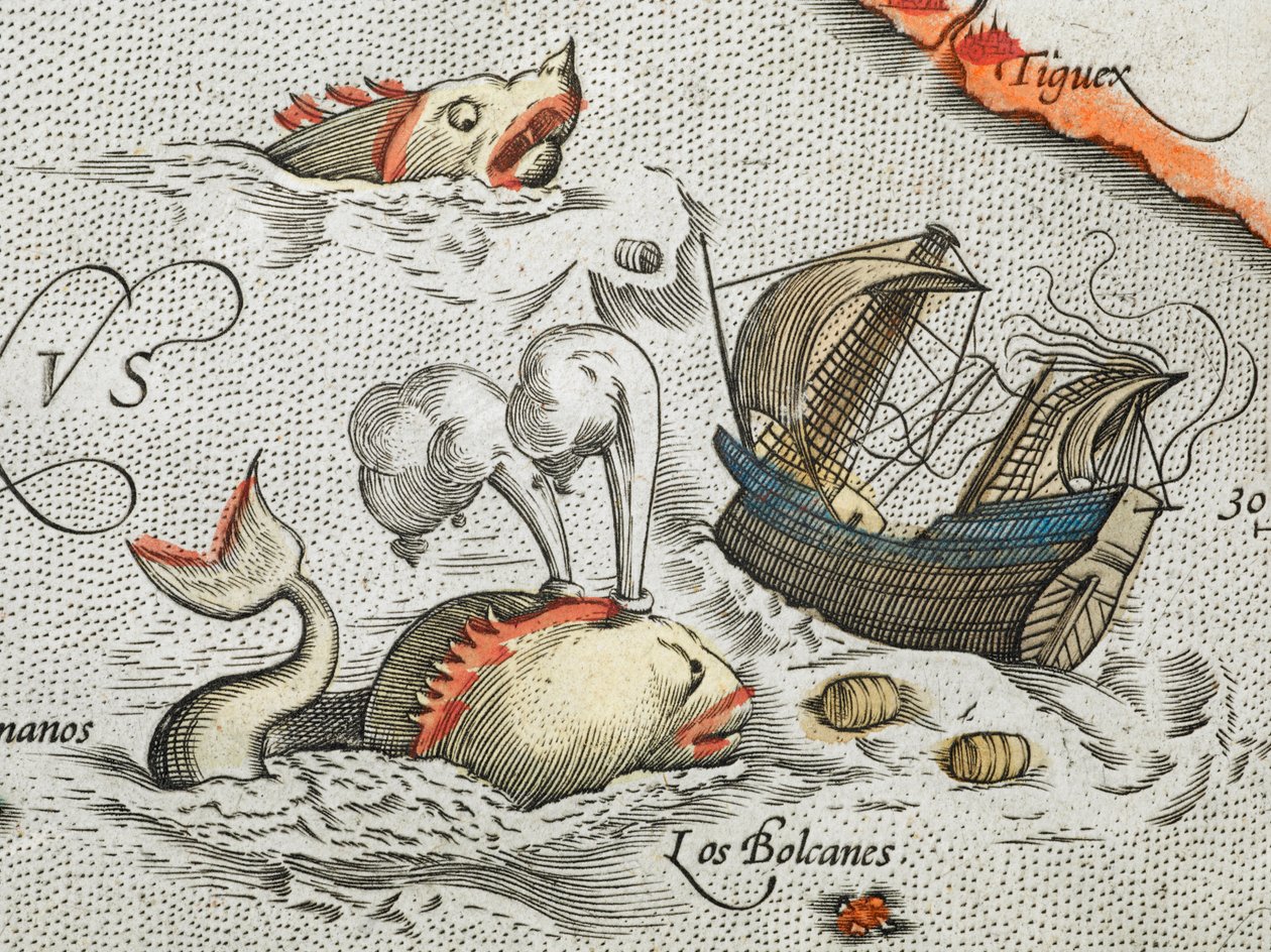 (Yksityiskohta). Merihirviöt hyökkäämässä laivaan. tekijältä Abraham Ortelius