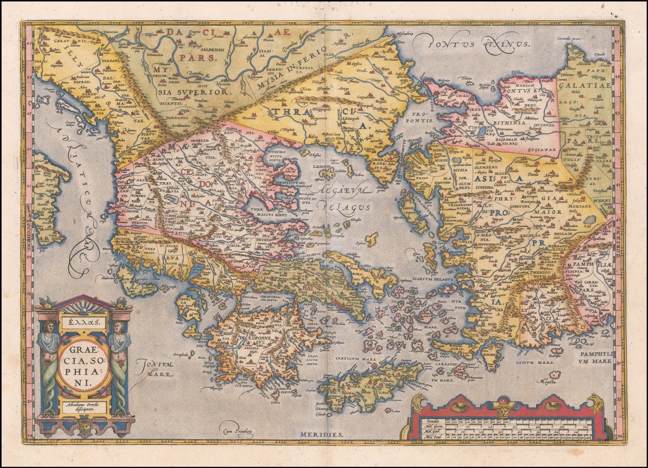 Abraham Orteliuksen vuonna 1584 laatima Kreikan ja Länsi-Turkin kartta. tekijältä Abraham Ortelius
