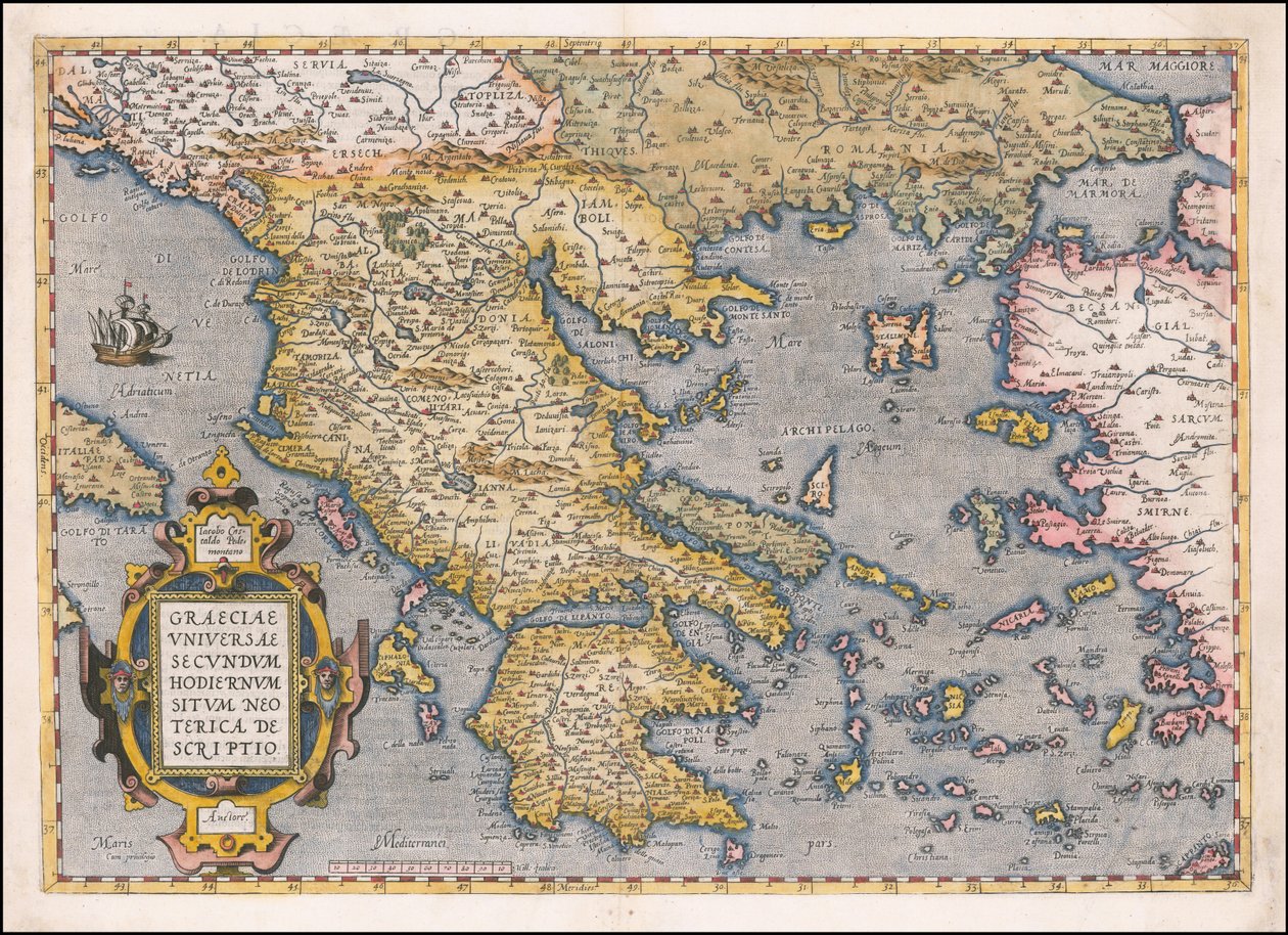 Abraham Orteliuksen vuonna 1584 laatima Kreikan ja Egeanmeren kartta. tekijältä Abraham Ortelius