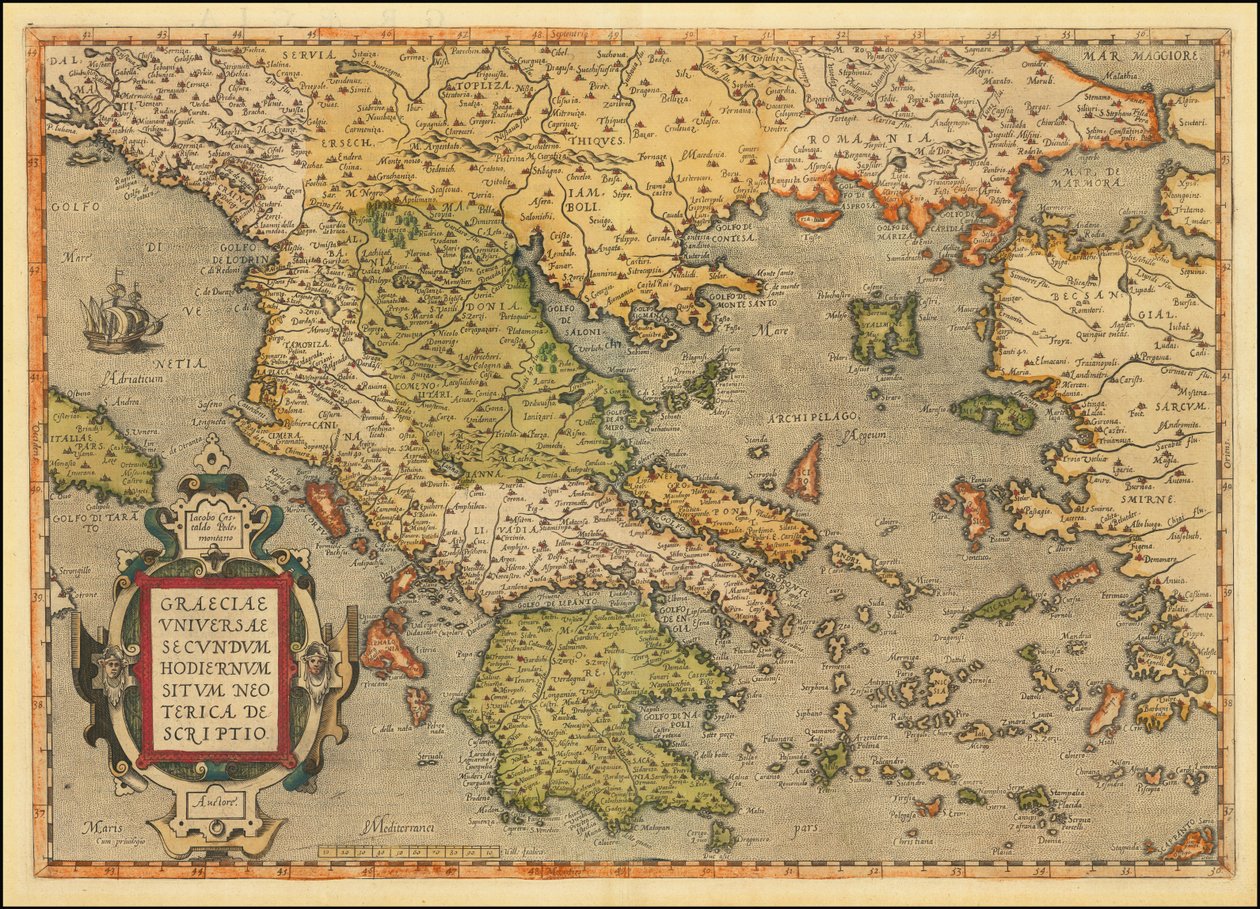 Abraham Orteliuksen vuonna 1584 laatima Kreikan kartta. tekijältä Abraham Ortelius