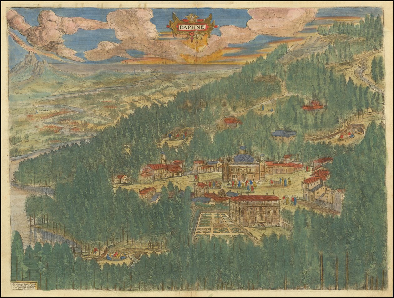 Abraham Orteliuksen kuvitteellinen näkymä Daphneen Antiokiassa vuonna 1624. tekijältä Abraham Ortelius