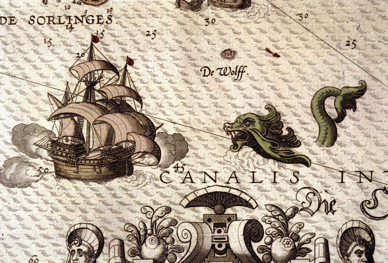 Merihirviö hyökkää galleonin (karavellin) kimppuun. Yksityiskohta kartasta "Theatrum Orbis Terrarumissa", kirjoittanut Abraham Ortelius, Antwerpen 1584 tekijältä Abraham Ortelius