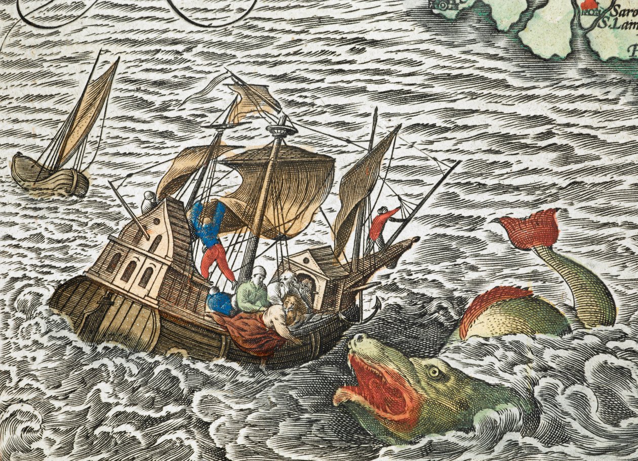 Merihirviön hyökkäys laivaa vastaan Abraham Orteliuksen teoksesta Typus orbis terrarum. tekijältä Abraham Ortelius