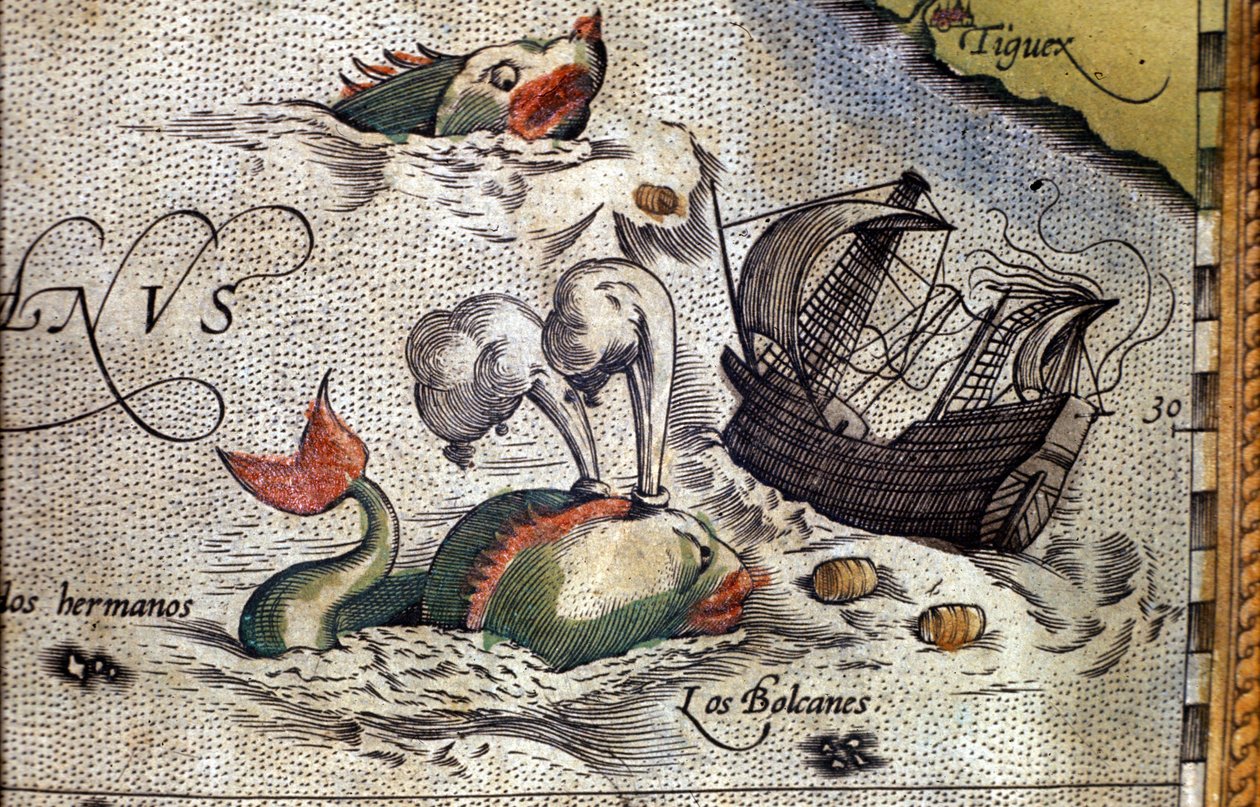 Valas hyökkää laivan kimppuun. Levy kartanografi Abraham Orteliuksen (1527-1598) "Theatrum Orbis Terrarum" -painoksesta tekijältä Abraham Ortelius