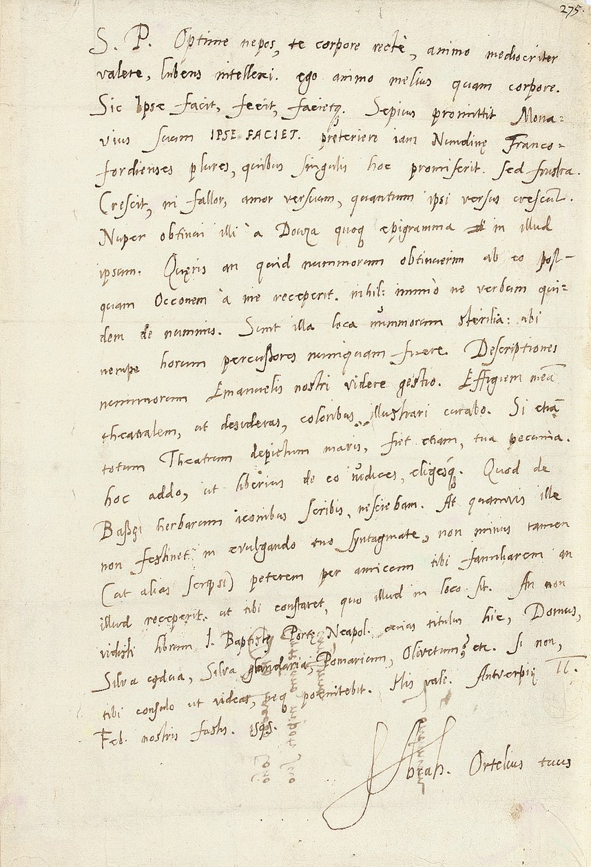 Nimikirjoituskirje hänen veljenpojalleen Jacob Coolille (Jacobus Colius), Antwerpen, 2. helmikuuta 1595 (kynä ja muste paperille) tekijältä Abraham Ortelius