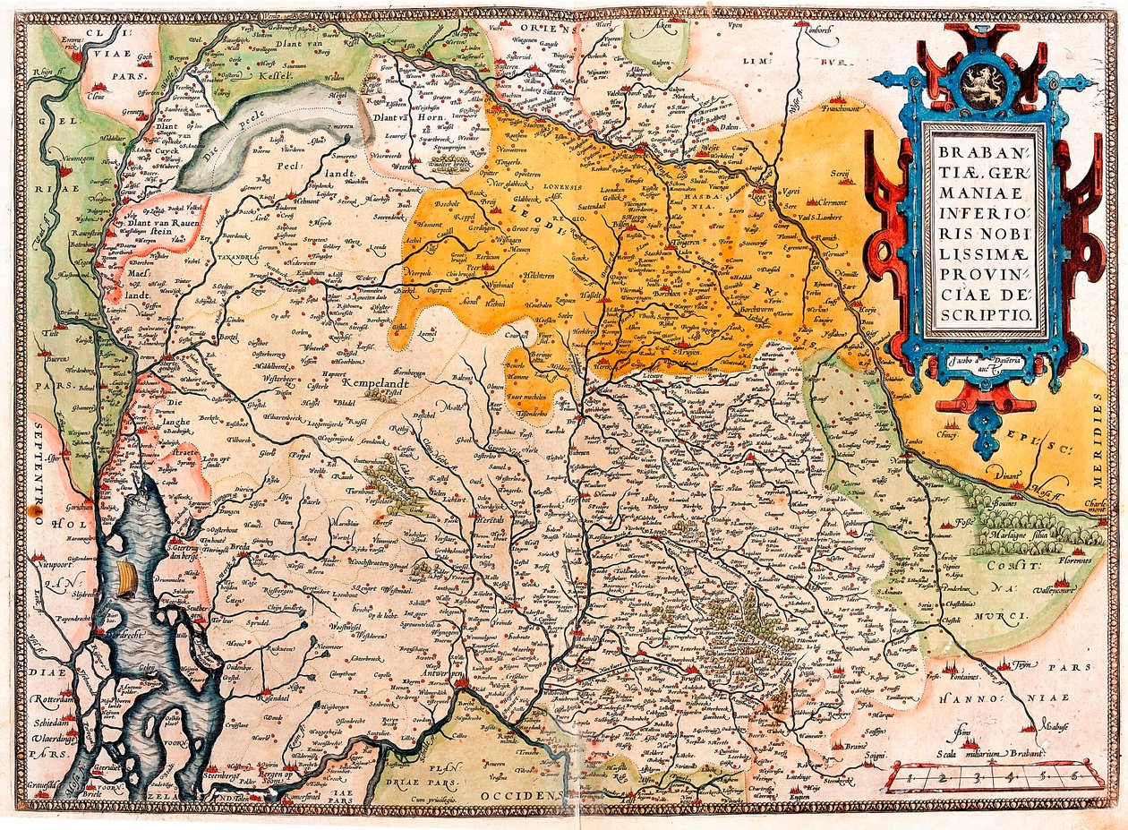 Alankomaiden eteläpuolisen alueen maantieteellinen germaanilainen (Kempeland) kartta otettu Abraham Orteliuksen (Oertel, Ortell tai Ortel) "Theatrum Orbis Terrarumista" tekijältä Abraham Ortelius