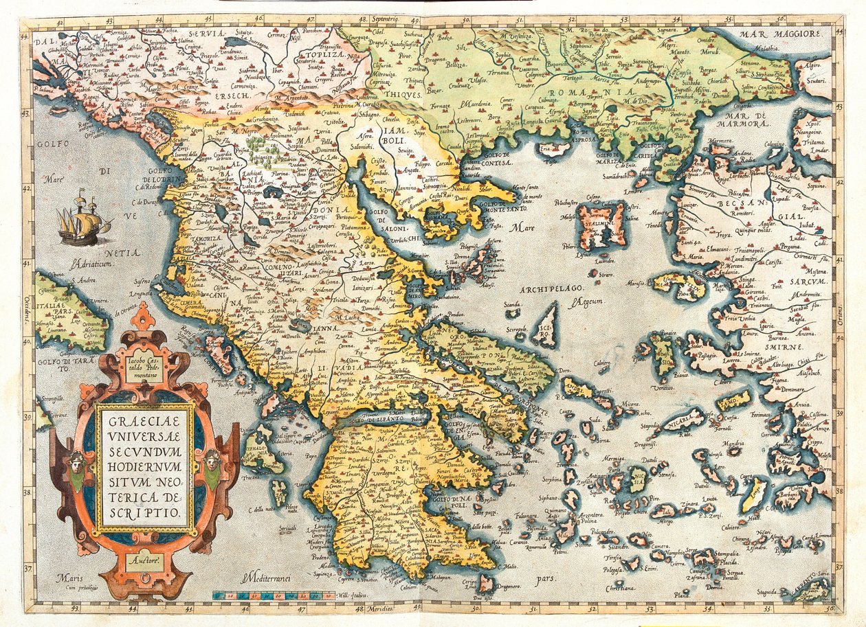 Kroatia (maakunta: Dubrovnik-Neretva), eteläinen Bosnia ja Hertsegovina, eteläinen Serbia, eteläinen Bulgaria, Montenegro, Albania, Makedonia, Kreikka, Länsi-Turkki. tekijältä Abraham Ortelius