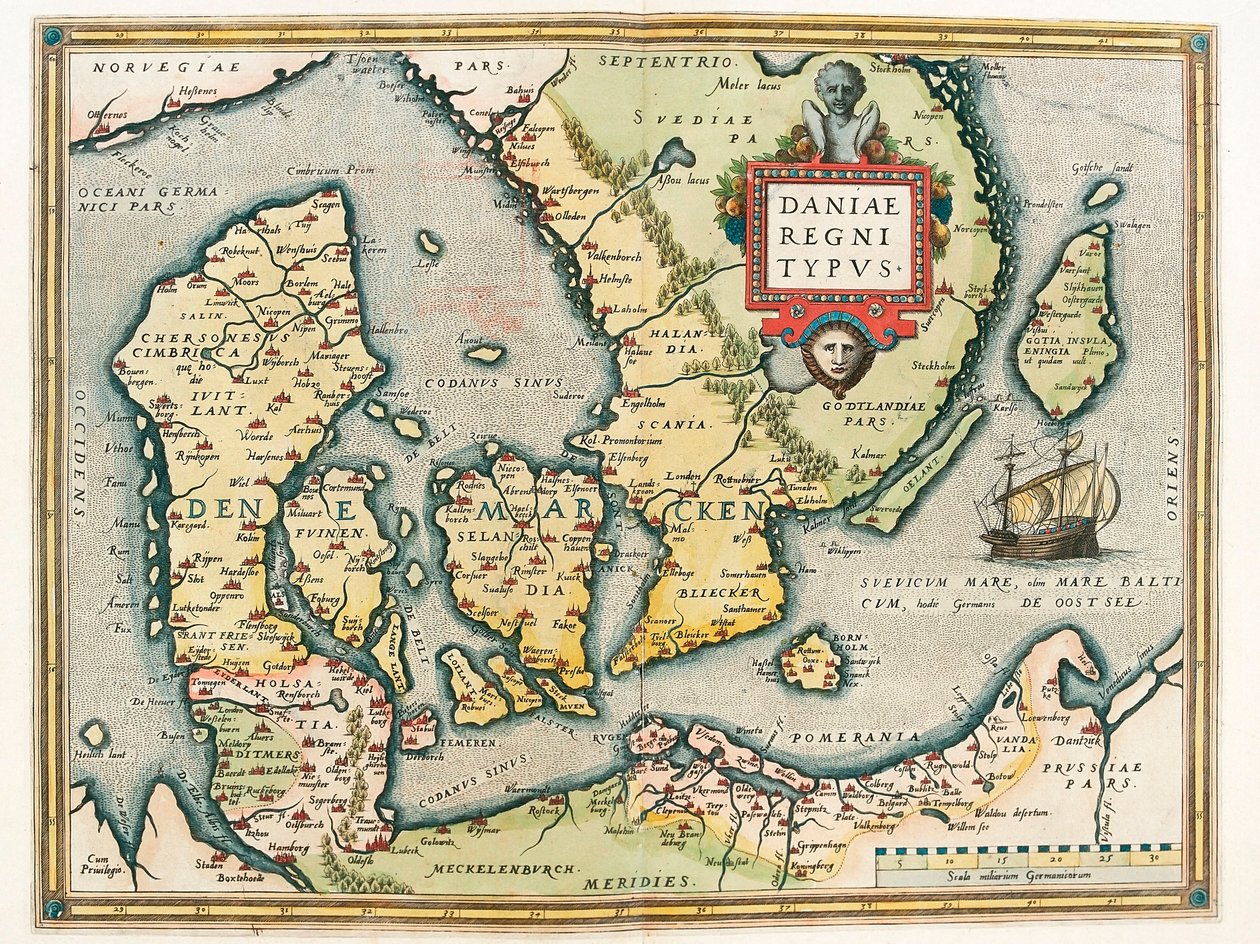 Tanskan kuningaskunta Tyyppi Tanskan ja Etelä-Ruotsin alueen maantieteellinen kartta Abraham Orteliuksen (Oertel, Ortell tai Ortel) "Theatrum Orbis Terrarumista" tekijältä Abraham Ortelius