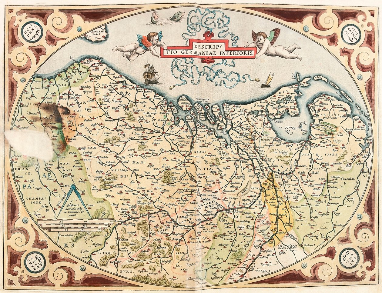 Kuvaus Ala-Saksan maantieteellisestä kartasta Alankomaiden germaanin alueesta "Theatrum Orbis Terrarumista", kirjoittanut Abraham Ortelius (Oertel, Ortell tai Ortel tekijältä Abraham Ortelius