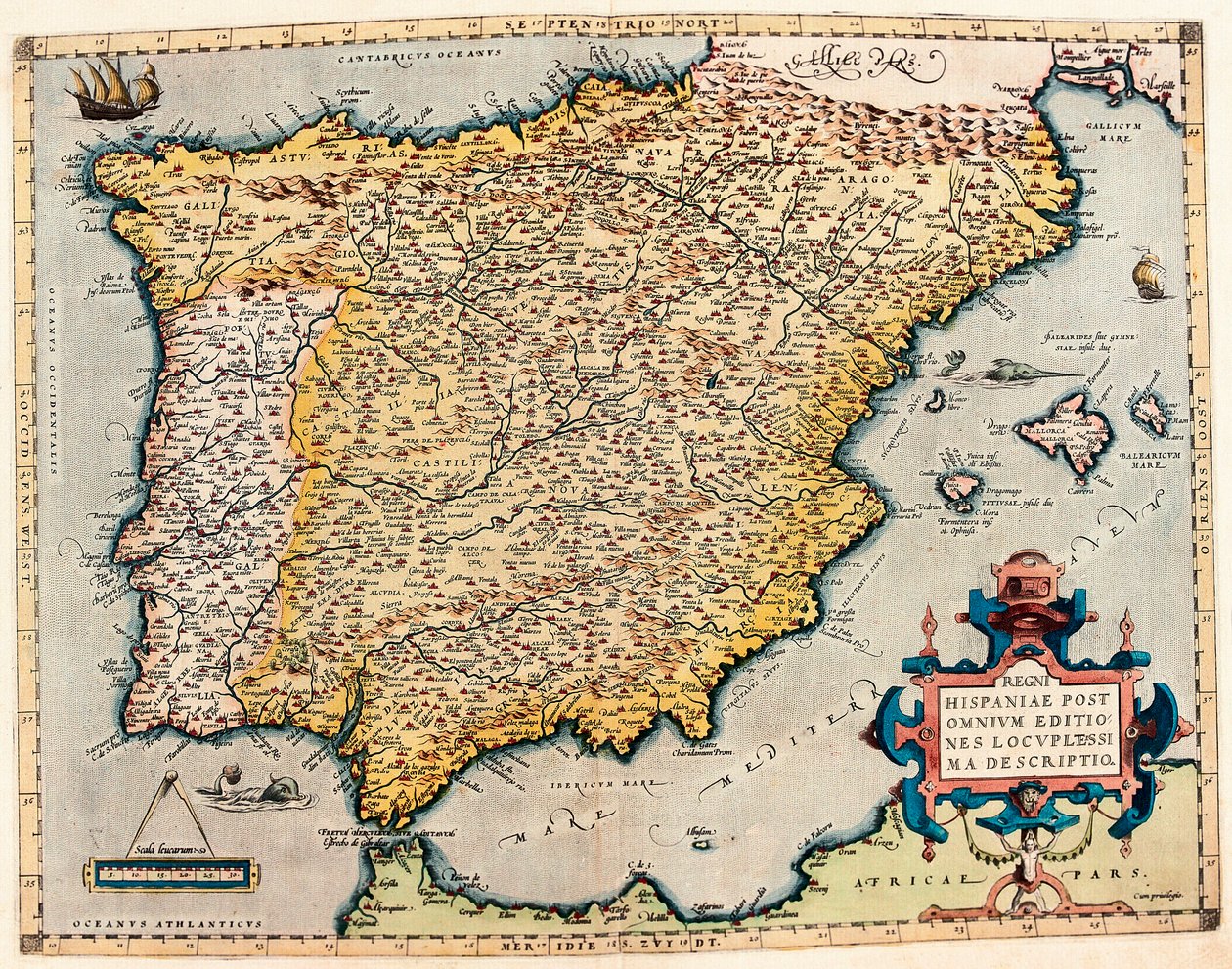 Kuvaus Espanjasta. Maantieteellinen kartta Abraham Orteliuksen (1527-1598) "Theatrum Orbis Terrarumista" tekijältä Abraham Ortelius