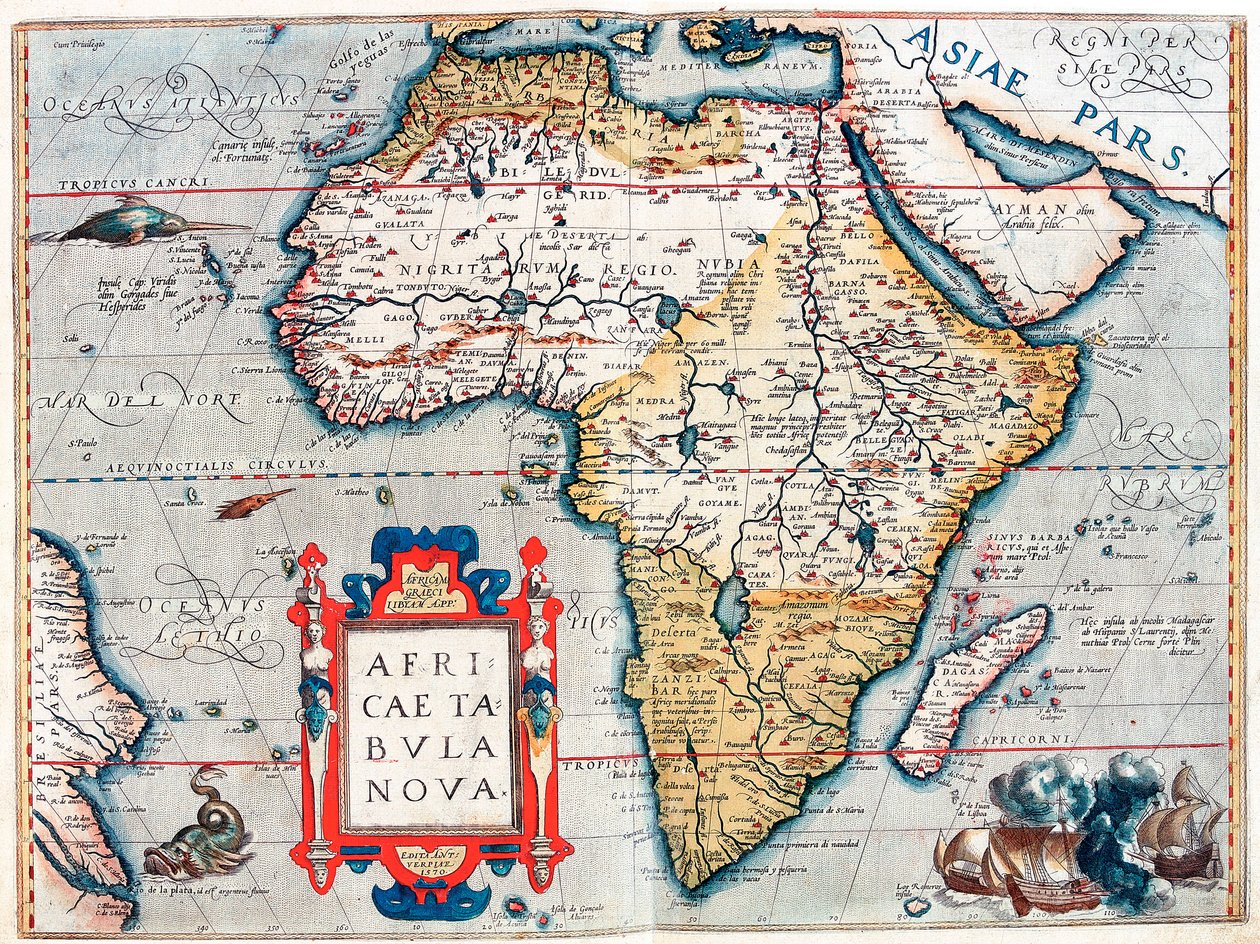 Kuvaus Afrikan mantereesta. Maantieteellinen kartta Abraham Orteliuksen (1527-1598) "Theatrum Orbis Terrarumista" tekijältä Abraham Ortelius
