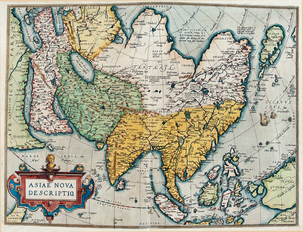 Aasian mantereen kuvaus, maantiedekartta "Theatre of the World"sta tekijältä Abraham Ortelius